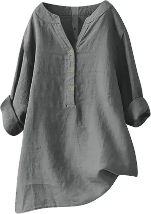 Women Short Sleeve Cotton Linen Shirt Casual Crew Neck Trendy Dressy T Shirt Buttons Loose Fit Summer Tee Top