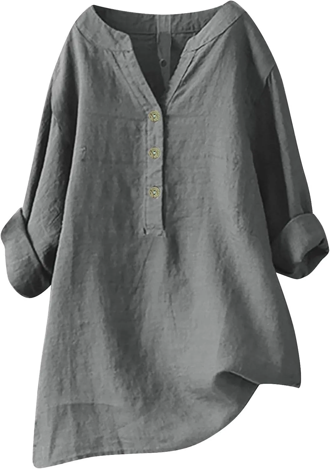 Women Short Sleeve Cotton Linen Shirt Casual Crew Neck Trendy Dressy T Shirt Buttons Loose Fit Summer Tee Top