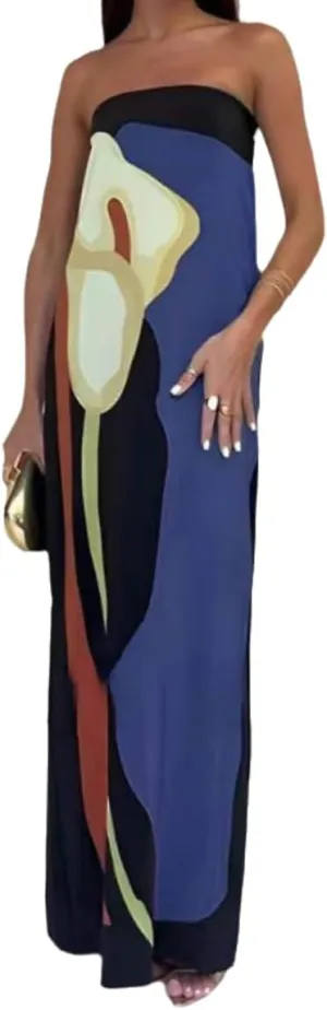 Women Summer 2024 Strapless Maxi Tube Dress Tie Dye Bodycon Backless Party Club Long Dresses
