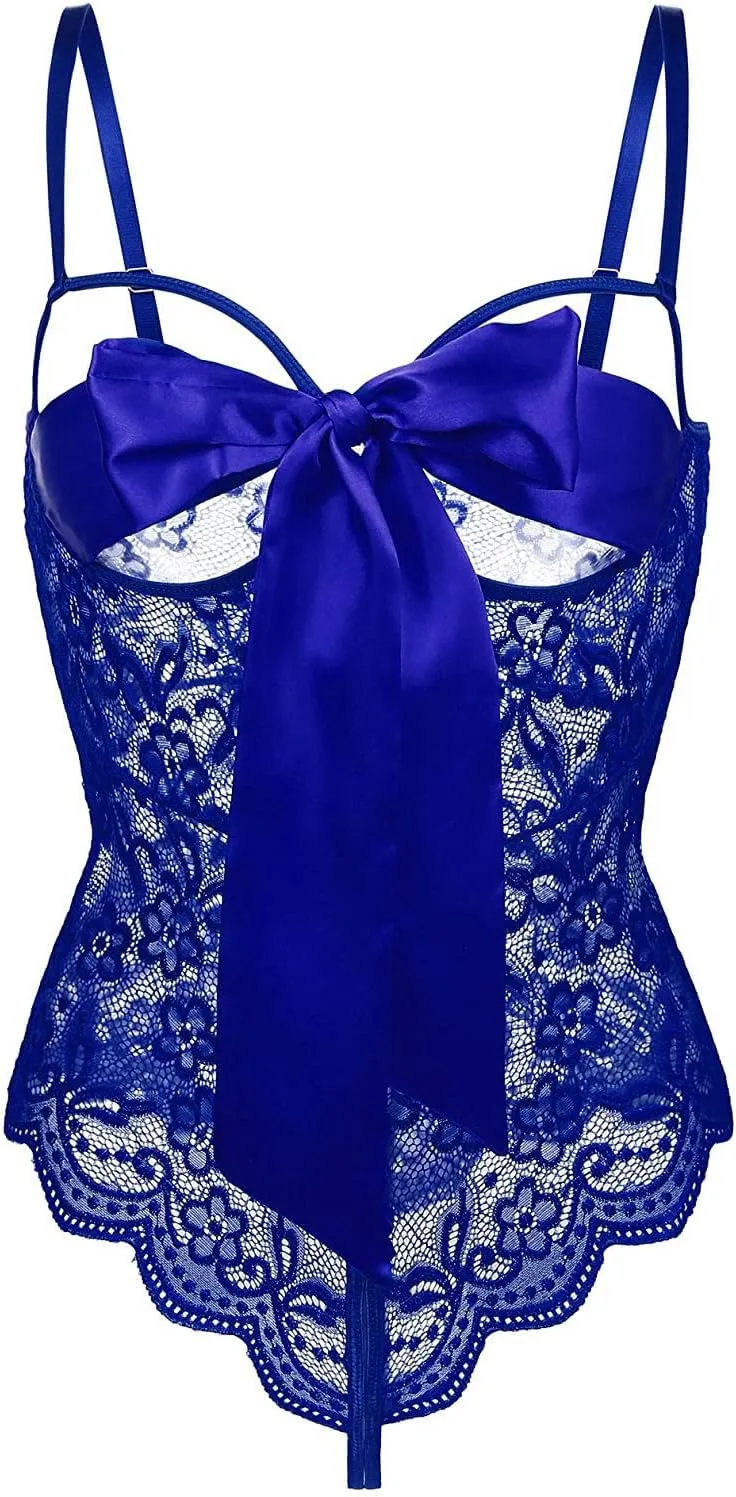 Women Teddy Lingerie Floral Lace Bodysuit Bow Front One Piece Babydoll Mini Bodysuit S-XXL