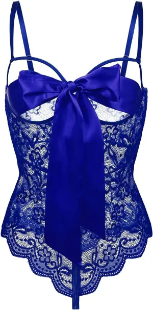 Women Teddy Lingerie Floral Lace Bodysuit Bow Front One Piece Babydoll Mini Bodysuit S-XXL