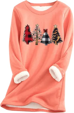 Women Thick Fleece Sweatshirt Thermal Underwear Top Warm Lined Shirts Christmas Graphic Sweater Plus Size