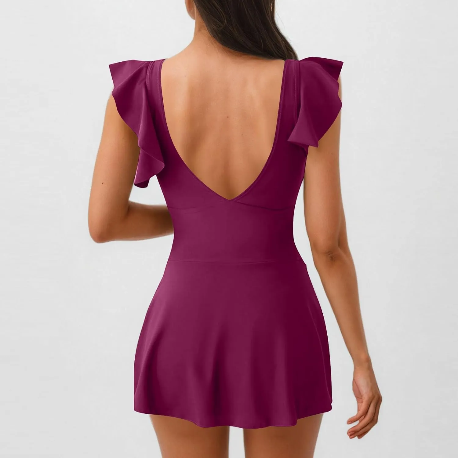 Women Tummy Control One Piece Swimsuit Tie Knot Criss Cross Pleated Ruffle Swindress Slim Backless Bathing Suit