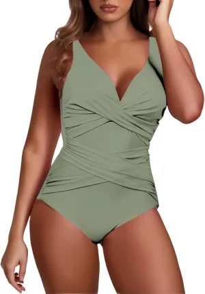 Women Tummy Control One Piece Swimsuits V Neck Criss Cross Ruched Push Up Slimming Swimwear Vintage Padded Swimwear