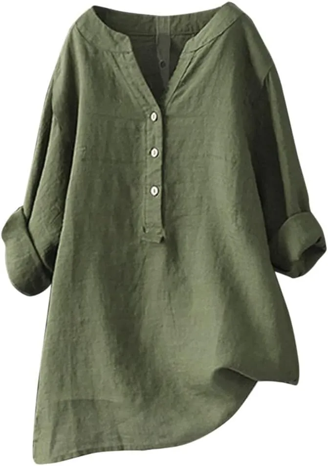 Womens 3/4 Sleeve Button Down Shirts Dressy Casual Loose Cotton Linen T Shirts Solid Color Blouse Boho Tops