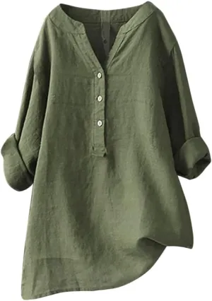 Womens 3/4 Sleeve Button Down Shirts Dressy Casual Loose Cotton Linen T Shirts Solid Color Blouse Boho Tops