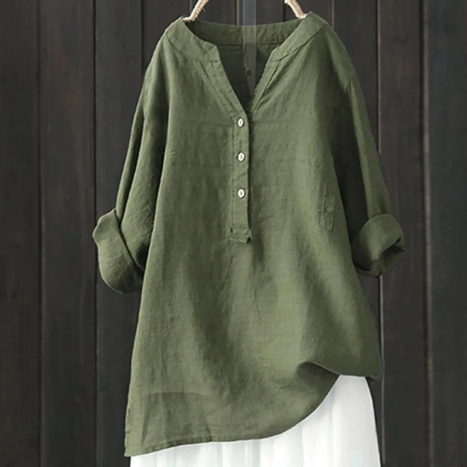 Womens 3/4 Sleeve Button Down Shirts Dressy Casual Loose Cotton Linen T Shirts Solid Color Blouse Boho Tops