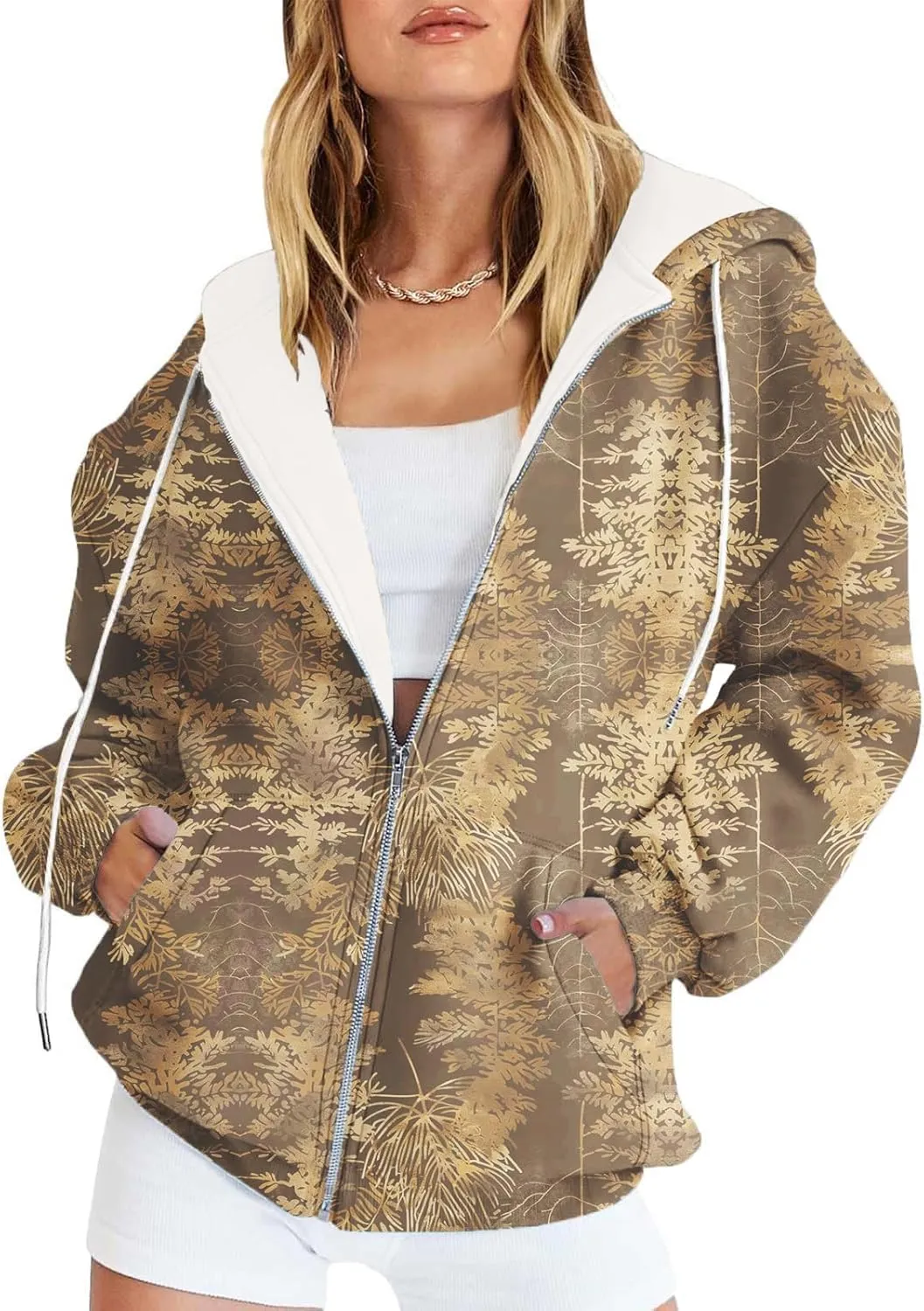 Womens Camo Zip Up Hoodie Long Sleeve Graphic Oversized Hooded Jackets Fleece Camouflage Hoodie with Pockets