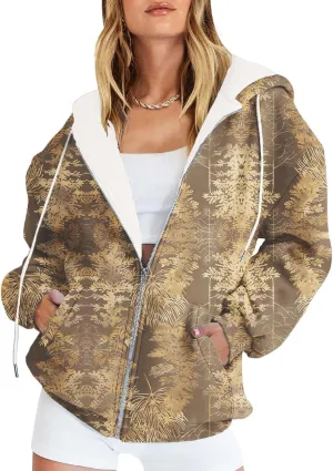Womens Camo Zip Up Hoodie Long Sleeve Graphic Oversized Hooded Jackets Fleece Camouflage Hoodie with Pockets