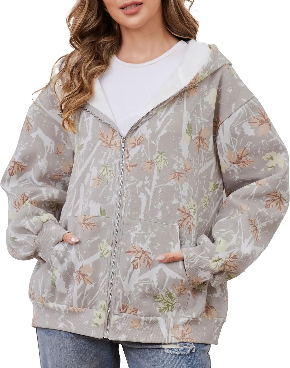 Womens Camo Zip Up Hoodie Long Sleeve Maple Leaf Print Oversized Hooded Jacket Fleece Full Zip Sweatshirt with Pockets