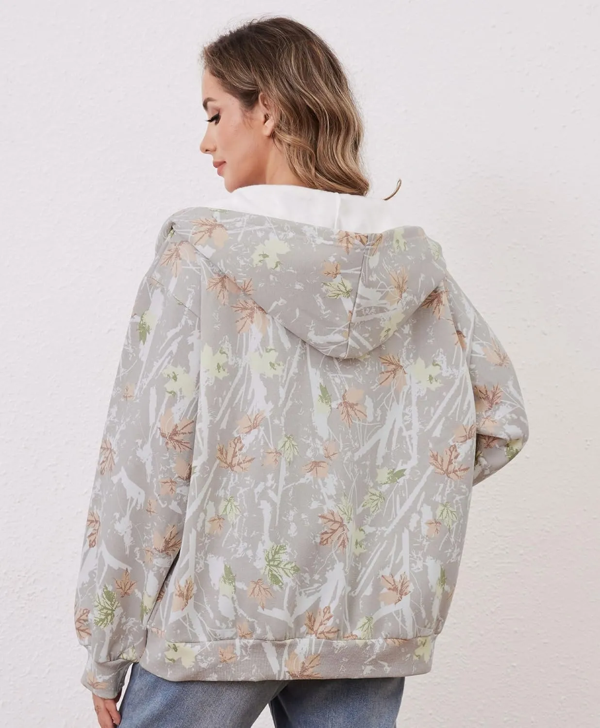 Womens Camo Zip Up Hoodie Long Sleeve Maple Leaf Print Oversized Hooded Jacket Fleece Full Zip Sweatshirt with Pockets