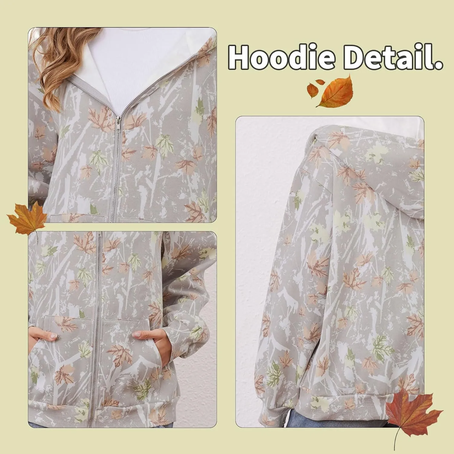 Womens Camo Zip Up Hoodie Long Sleeve Maple Leaf Print Oversized Hooded Jacket Fleece Full Zip Sweatshirt with Pockets