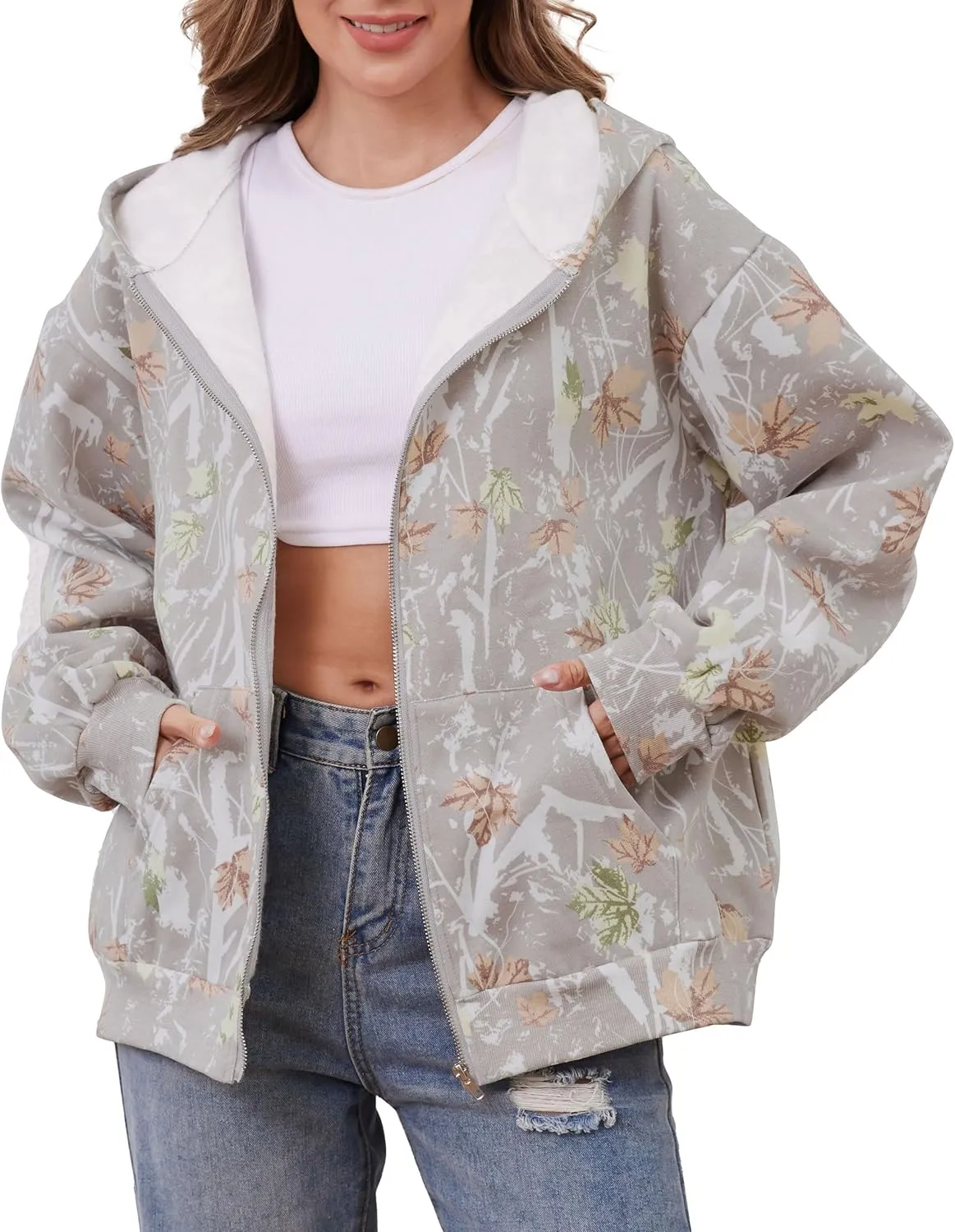 Womens Camo Zip Up Hoodie Long Sleeve Maple Leaf Print Oversized Hooded Jacket Fleece Full Zip Sweatshirt with Pockets