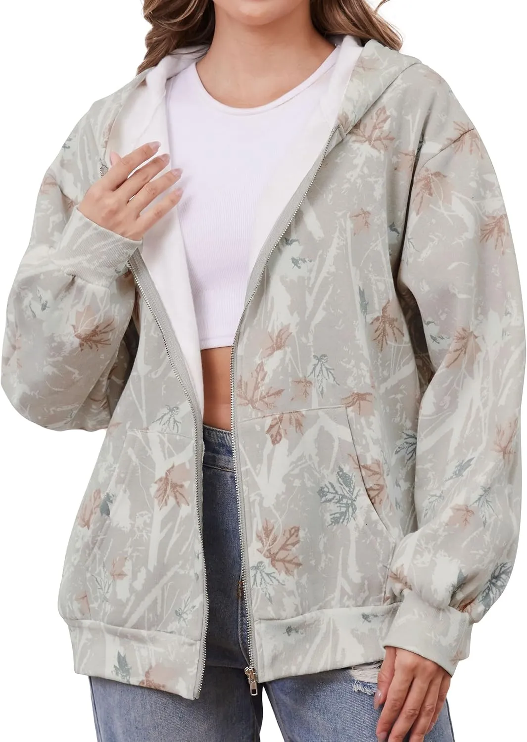 Womens Camo Zip Up Hoodie Long Sleeve Maple Leaf Print Oversized Hooded Jacket Fleece Full Zip Sweatshirt with Pockets