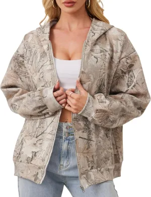 Womens Camo Zip Up Hoodie Long Sleeve Maple Leaf Print Oversized Hooded Jacket Fleece Full Zip Sweatshirt with Pockets