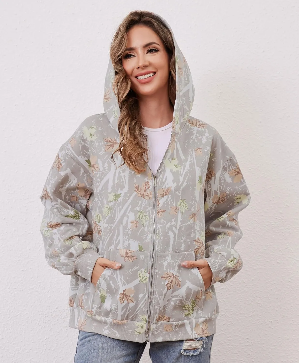 Womens Camo Zip Up Hoodie Long Sleeve Maple Leaf Print Oversized Hooded Jacket Fleece Full Zip Sweatshirt with Pockets