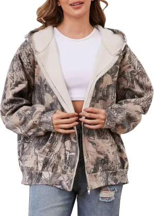 Womens Camo Zip Up Hoodie Long Sleeve Maple Leaf Print Oversized Hooded Jacket Fleece Full Zip Sweatshirt with Pockets