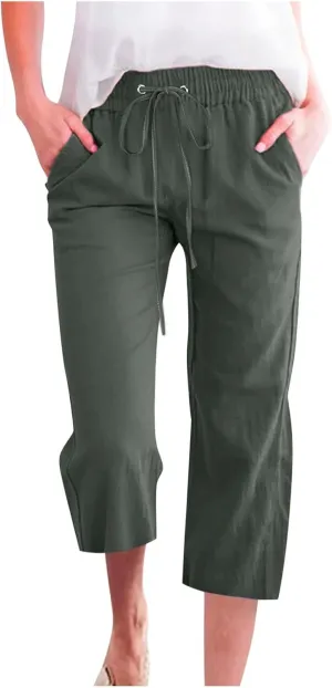 Women's Capri Summer Cotton Linen Pants Casual 2025 Loose Elastic Waisted Cropped Trousers with Pockets