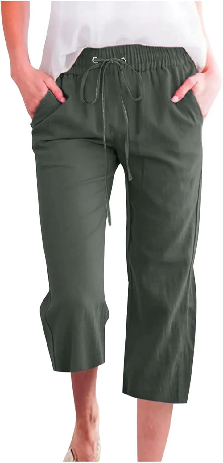 Women's Capri Summer Cotton Linen Pants Casual 2025 Loose Elastic Waisted Cropped Trousers with Pockets