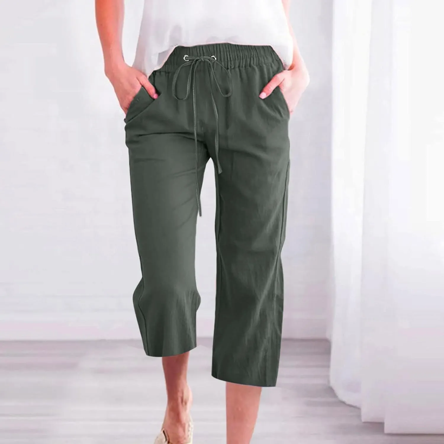 Women's Capri Summer Cotton Linen Pants Casual 2025 Loose Elastic Waisted Cropped Trousers with Pockets