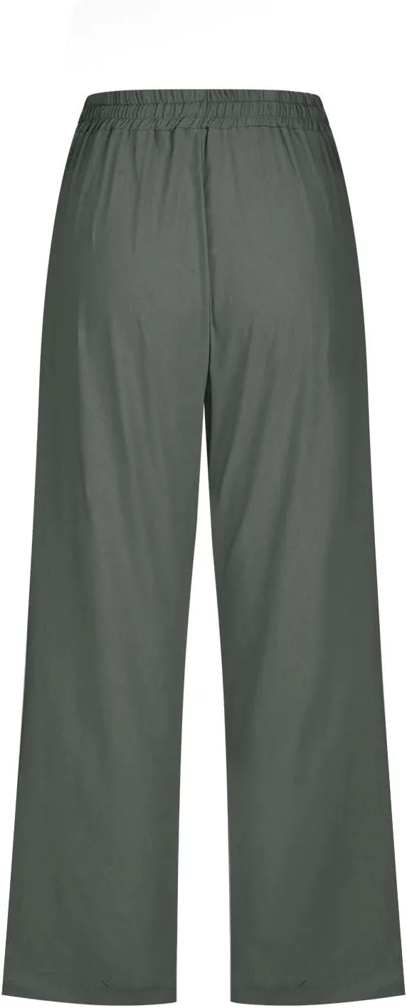 Women's Capri Summer Cotton Linen Pants Casual 2025 Loose Elastic Waisted Cropped Trousers with Pockets