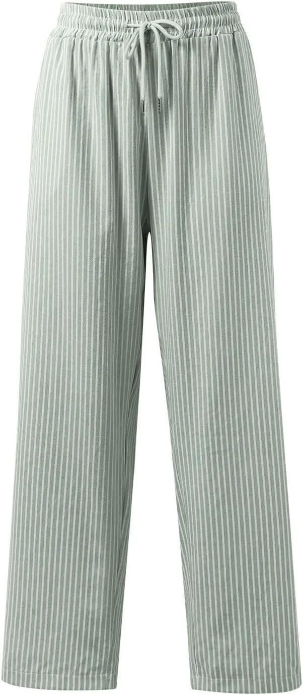 Women's Casual Striped Linen Wide Leg Pants Summer Elastic Waist Drawstring Tie Trousers with Pockets Trendy Clothes