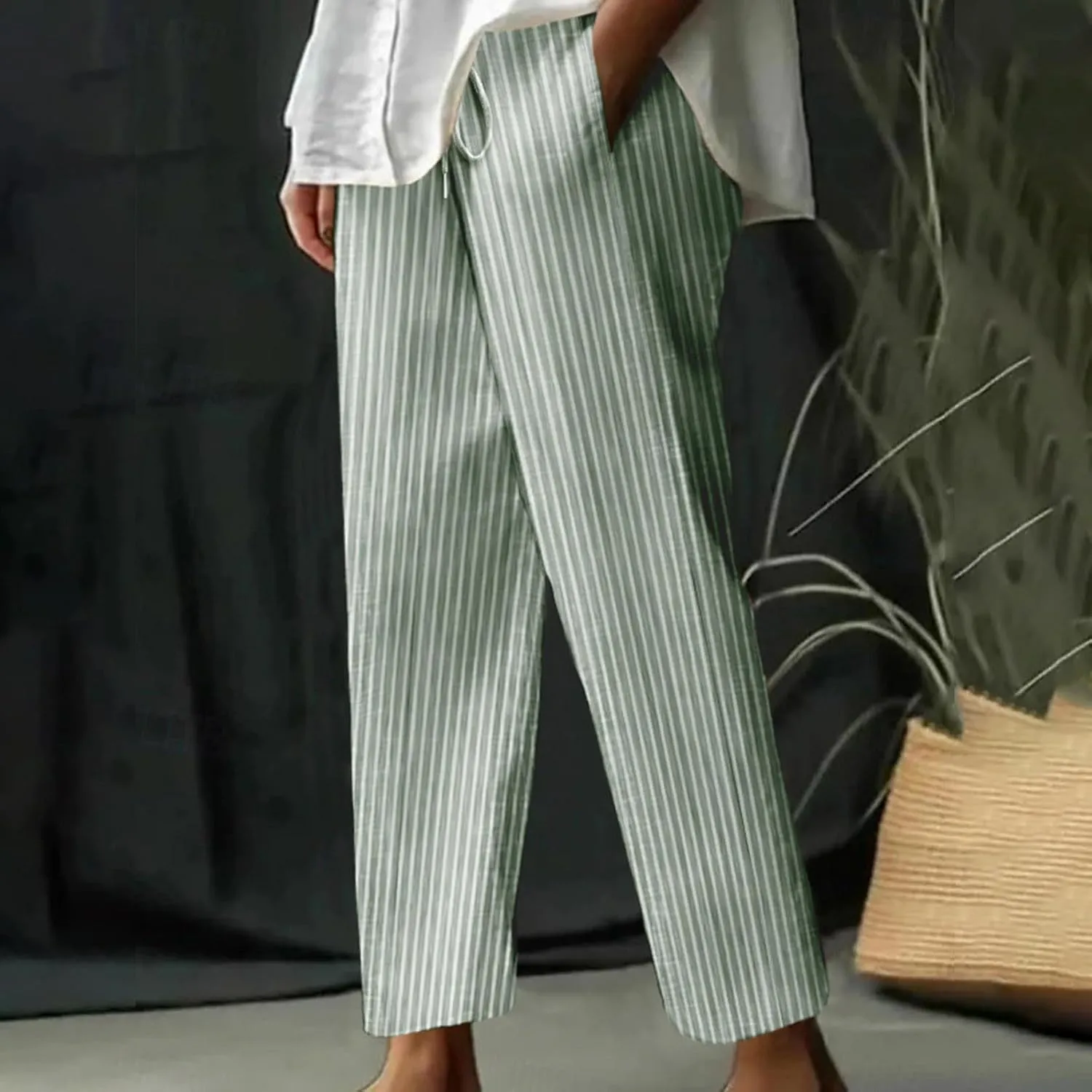 Women's Casual Striped Linen Wide Leg Pants Summer Elastic Waist Drawstring Tie Trousers with Pockets Trendy Clothes