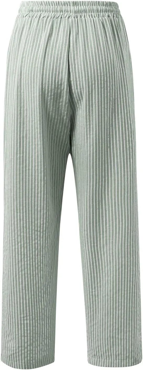 Women's Casual Striped Linen Wide Leg Pants Summer Elastic Waist Drawstring Tie Trousers with Pockets Trendy Clothes