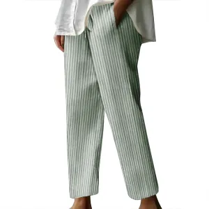 Women's Casual Striped Linen Wide Leg Pants Summer Elastic Waist Drawstring Tie Trousers with Pockets Trendy Clothes
