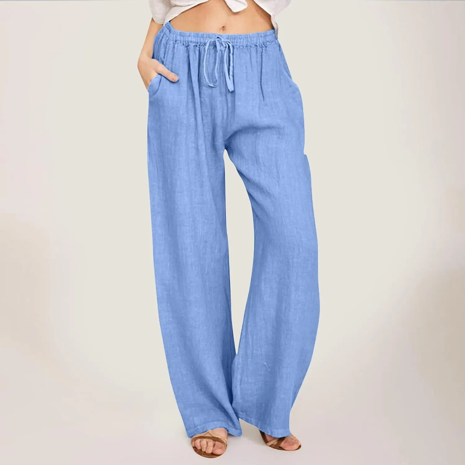 Women's Cotton and Linen Pants Dressy Loose High Waist Ruched Wide Leg Yoga Palazzo Pant Trousers with Pocket