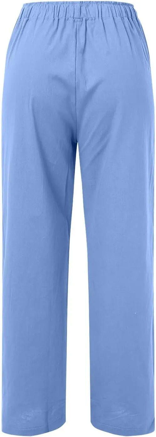 Women's Cotton and Linen Pants Dressy Loose High Waist Ruched Wide Leg Yoga Palazzo Pant Trousers with Pocket