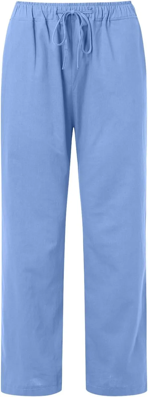 Women's Cotton and Linen Pants Dressy Loose High Waist Ruched Wide Leg Yoga Palazzo Pant Trousers with Pocket