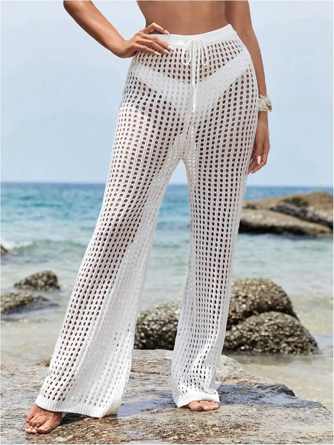Women's Cover Up Beach Pants Hollow Out Drawstring High Elastic Waist Swimsuit Beach Cover Up Pants
