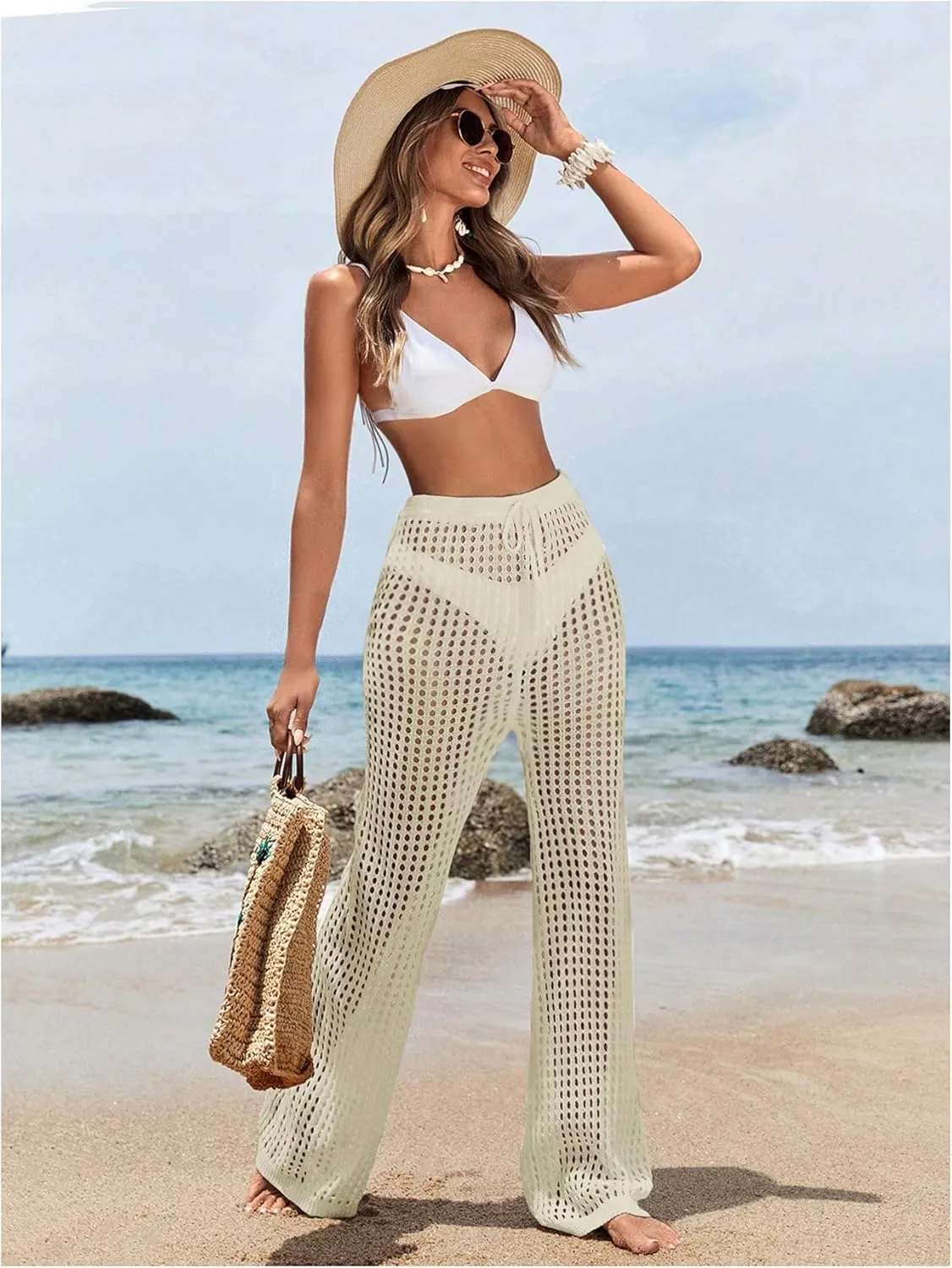 Women's Cover Up Beach Pants Hollow Out Drawstring High Elastic Waist Swimsuit Beach Cover Up Pants