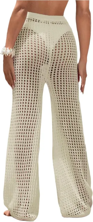 Women's Cover Up Beach Pants Hollow Out Drawstring High Elastic Waist Swimsuit Beach Cover Up Pants