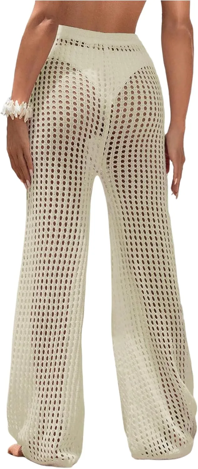 Women's Cover Up Beach Pants Hollow Out Drawstring High Elastic Waist Swimsuit Beach Cover Up Pants