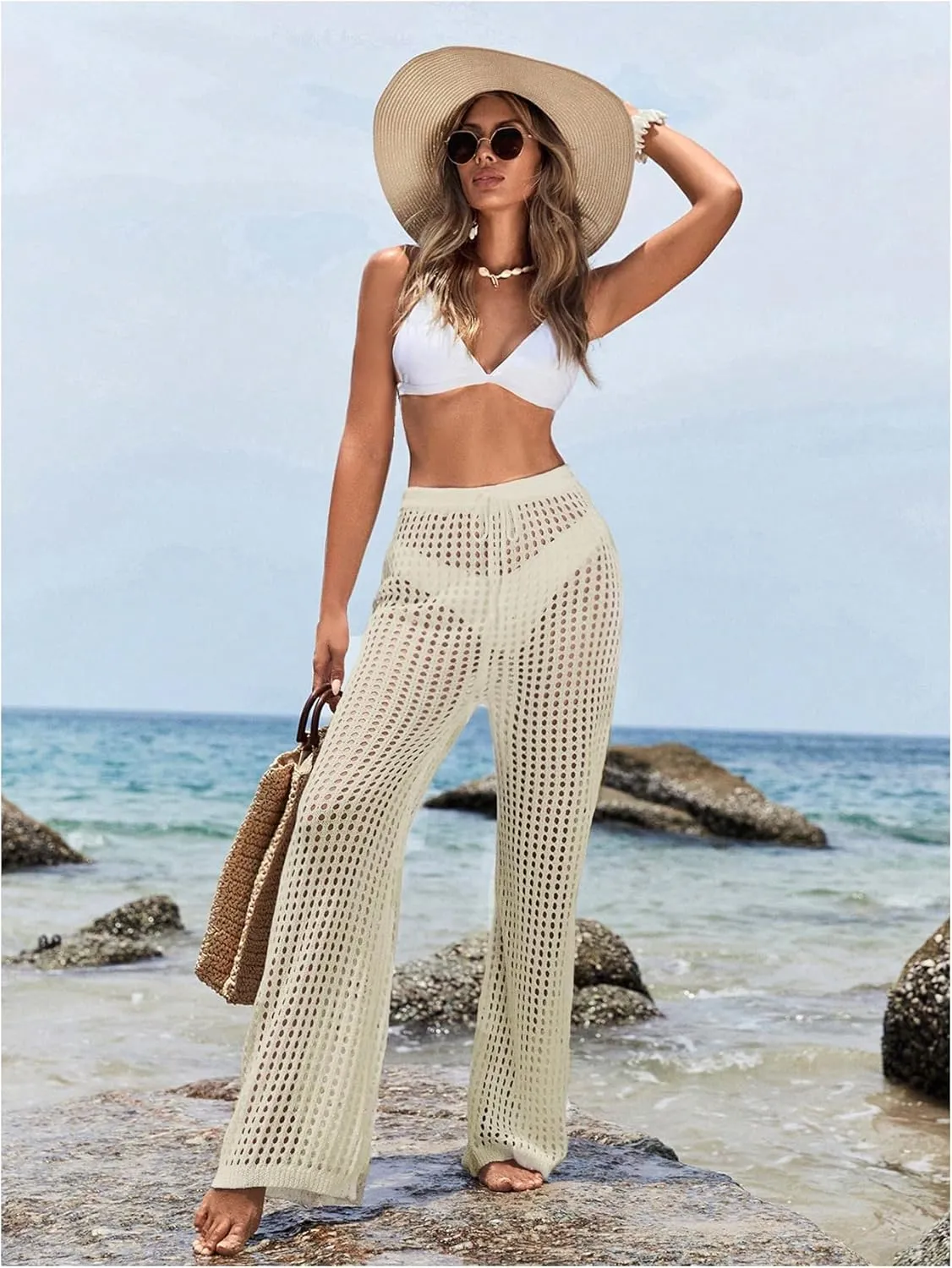 Women's Cover Up Beach Pants Hollow Out Drawstring High Elastic Waist Swimsuit Beach Cover Up Pants