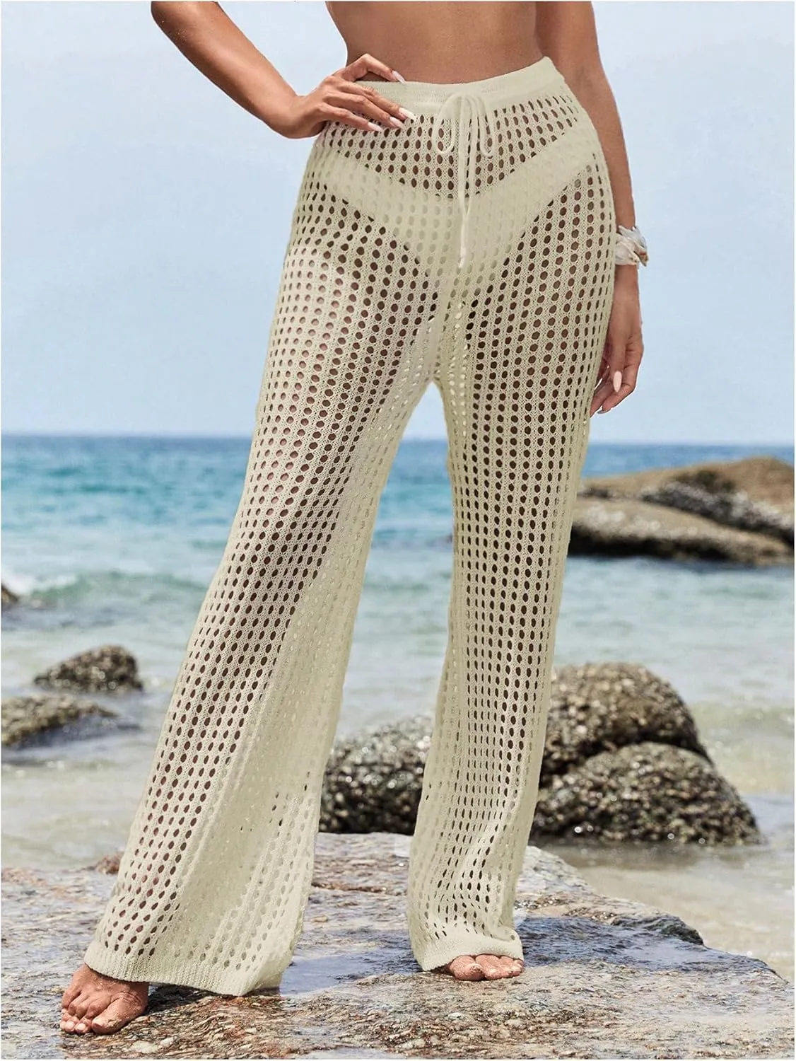 Women's Cover Up Beach Pants Hollow Out Drawstring High Elastic Waist Swimsuit Beach Cover Up Pants