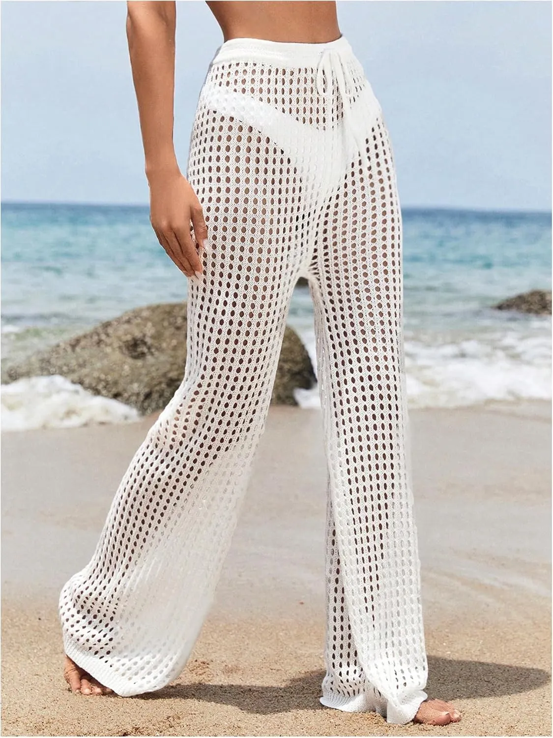 Women's Cover Up Beach Pants Hollow Out Drawstring High Elastic Waist Swimsuit Beach Cover Up Pants