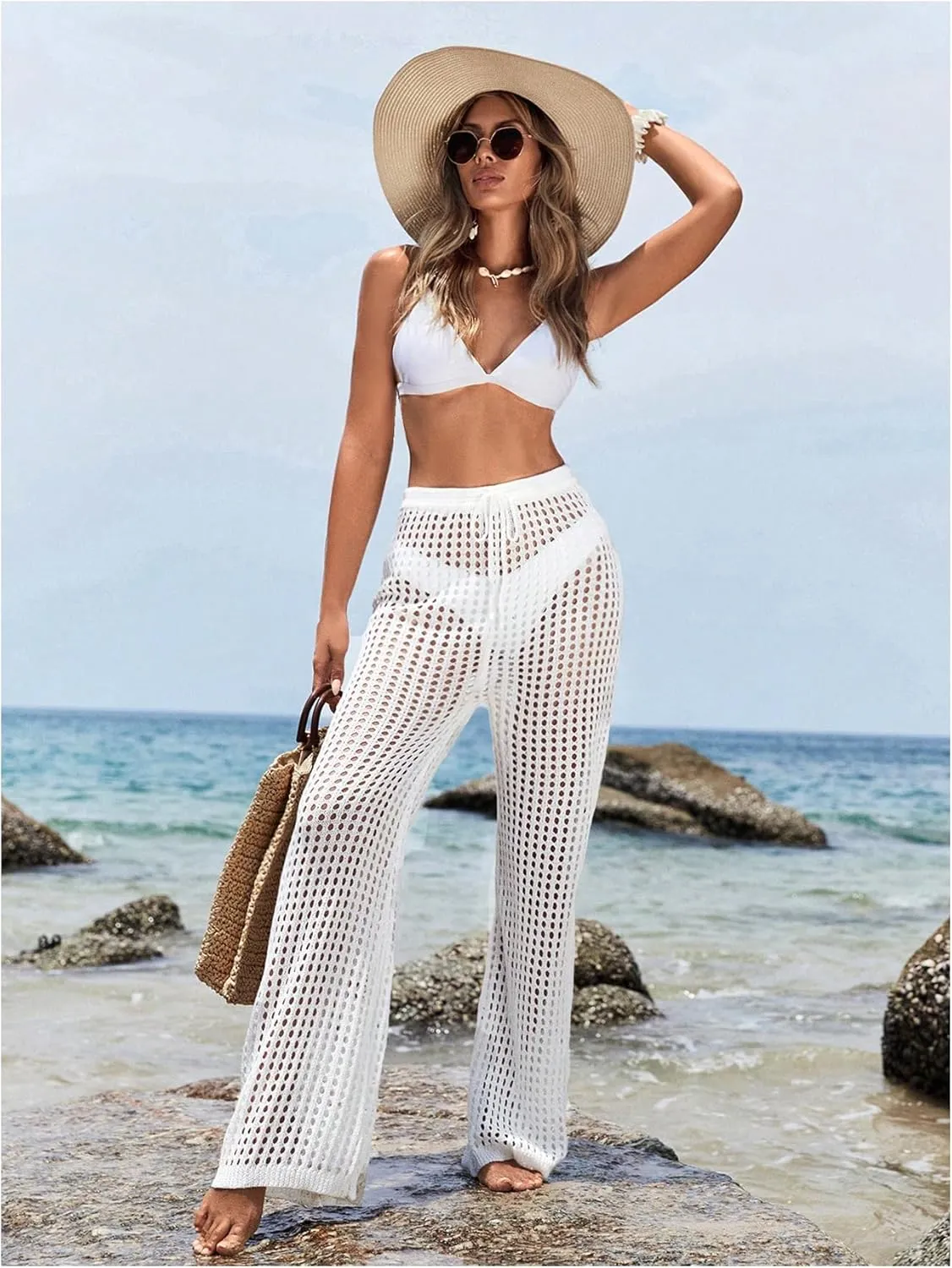 Women's Cover Up Beach Pants Hollow Out Drawstring High Elastic Waist Swimsuit Beach Cover Up Pants