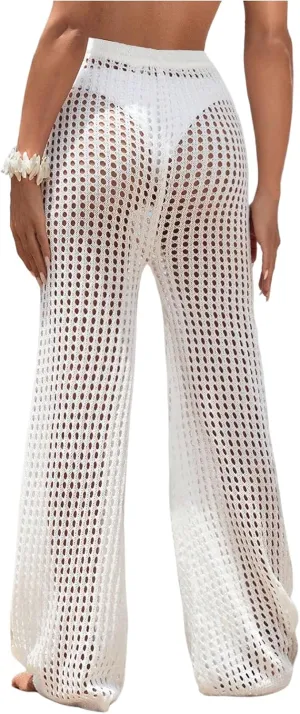 Women's Cover Up Beach Pants Hollow Out Drawstring High Elastic Waist Swimsuit Beach Cover Up Pants