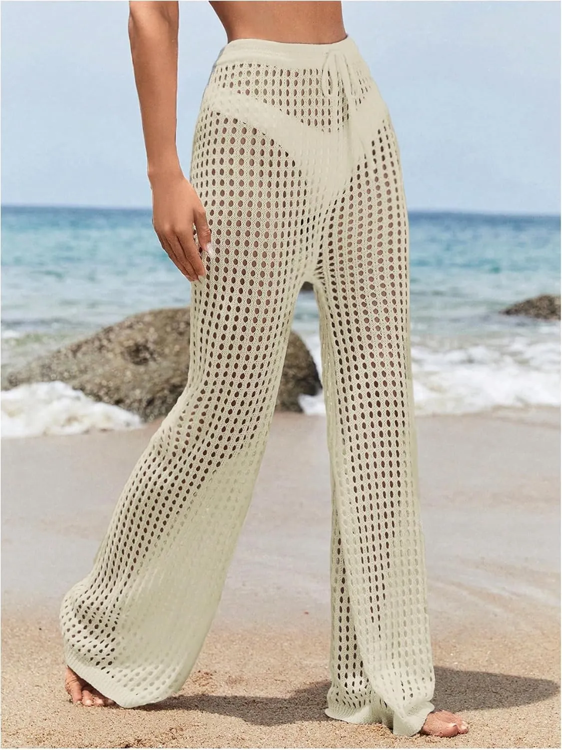 Women's Cover Up Beach Pants Hollow Out Drawstring High Elastic Waist Swimsuit Beach Cover Up Pants
