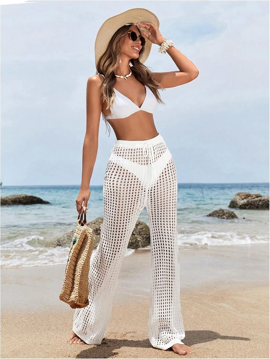 Women's Cover Up Beach Pants Hollow Out Drawstring High Elastic Waist Swimsuit Beach Cover Up Pants