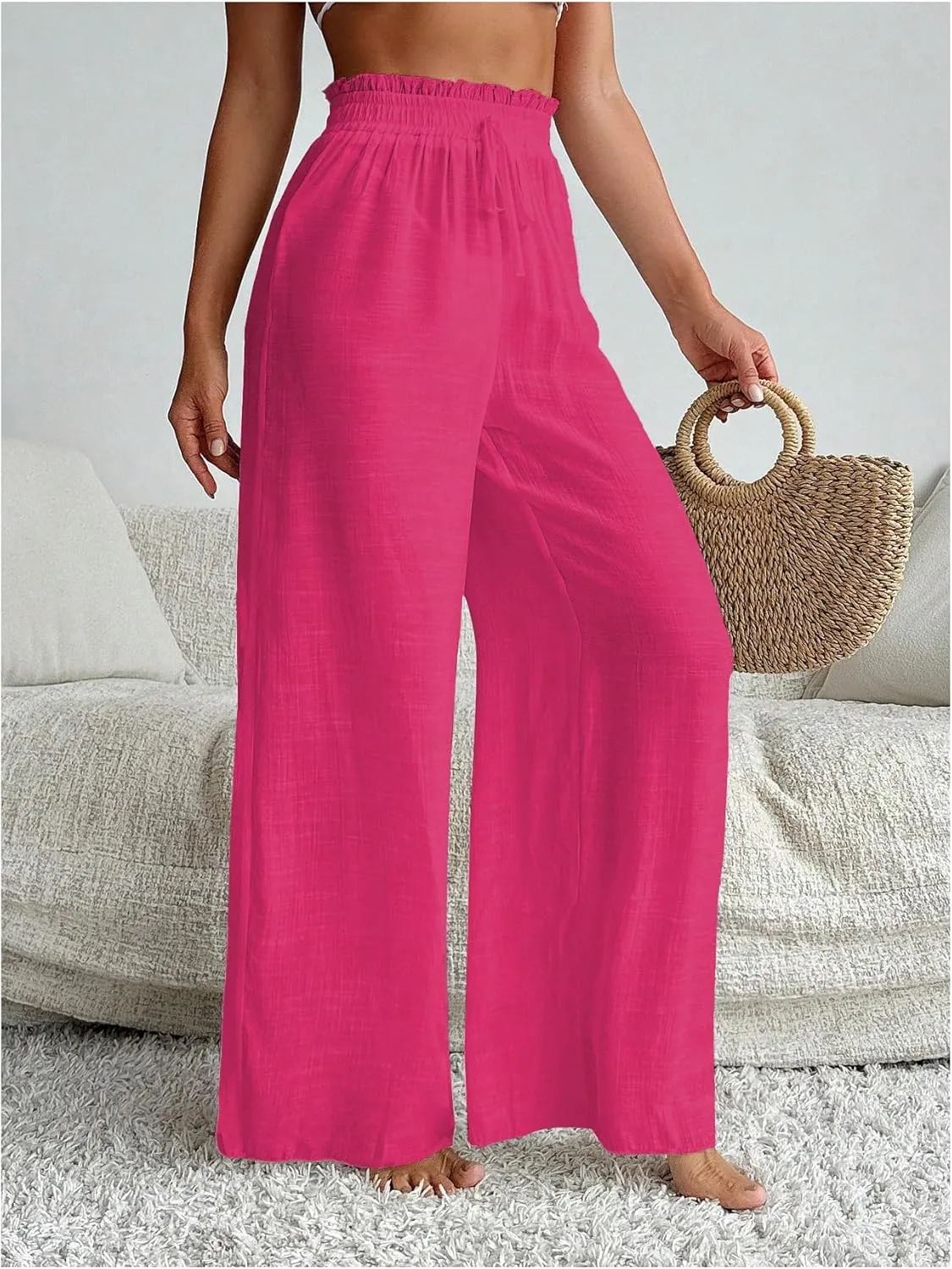 Women's Cover Up Beach Pants Sheer Mesh Drawstring Wide Leg High Waist Bikini Swimsuit Coverups