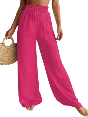 Women's Cover Up Beach Pants Sheer Mesh Drawstring Wide Leg High Waist Bikini Swimsuit Coverups