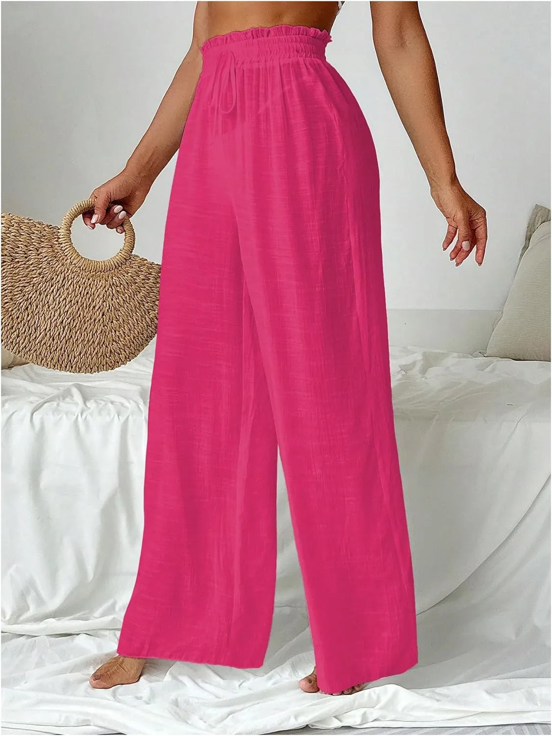 Women's Cover Up Beach Pants Sheer Mesh Drawstring Wide Leg High Waist Bikini Swimsuit Coverups