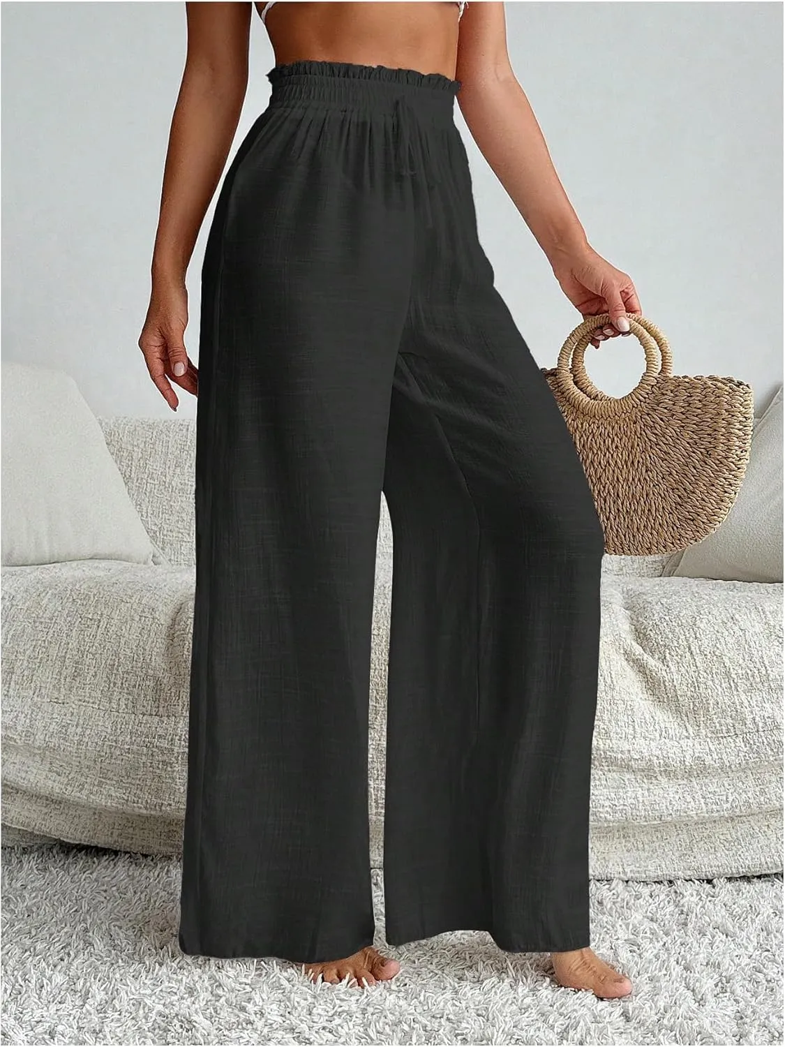 Women's Cover Up Beach Pants Sheer Mesh Drawstring Wide Leg High Waist Bikini Swimsuit Coverups