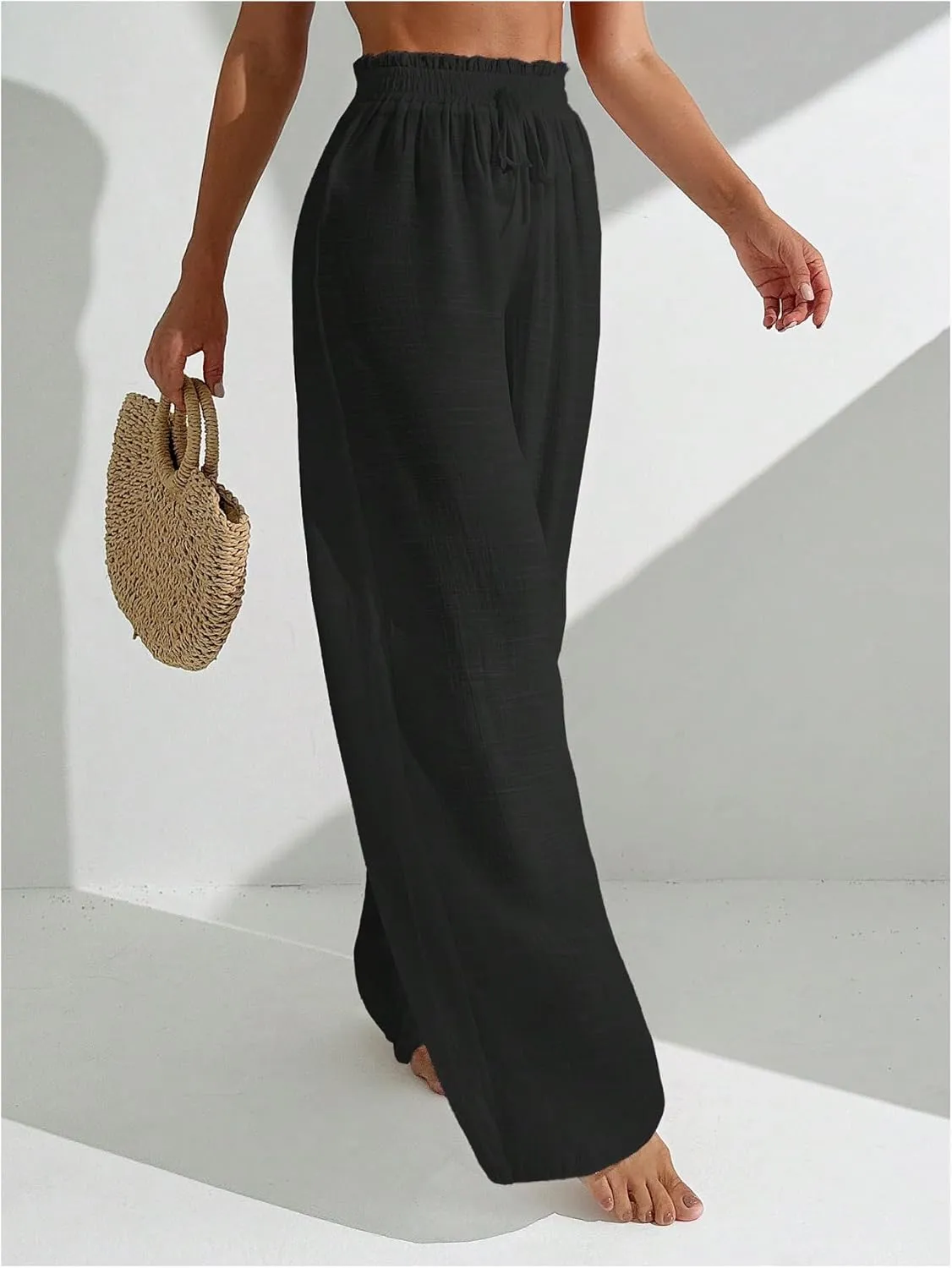Women's Cover Up Beach Pants Sheer Mesh Drawstring Wide Leg High Waist Bikini Swimsuit Coverups