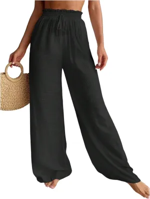 Women's Cover Up Beach Pants Sheer Mesh Drawstring Wide Leg High Waist Bikini Swimsuit Coverups