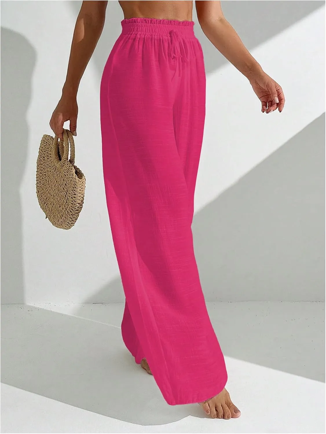 Women's Cover Up Beach Pants Sheer Mesh Drawstring Wide Leg High Waist Bikini Swimsuit Coverups